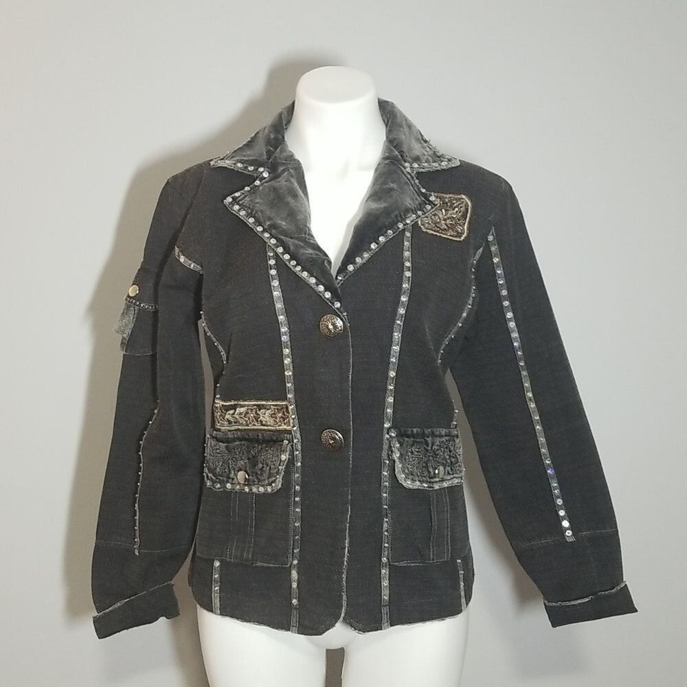 Moka Sport Black Wash Embellished Sequin Denim Jean Jacket Velour Collar Medium
